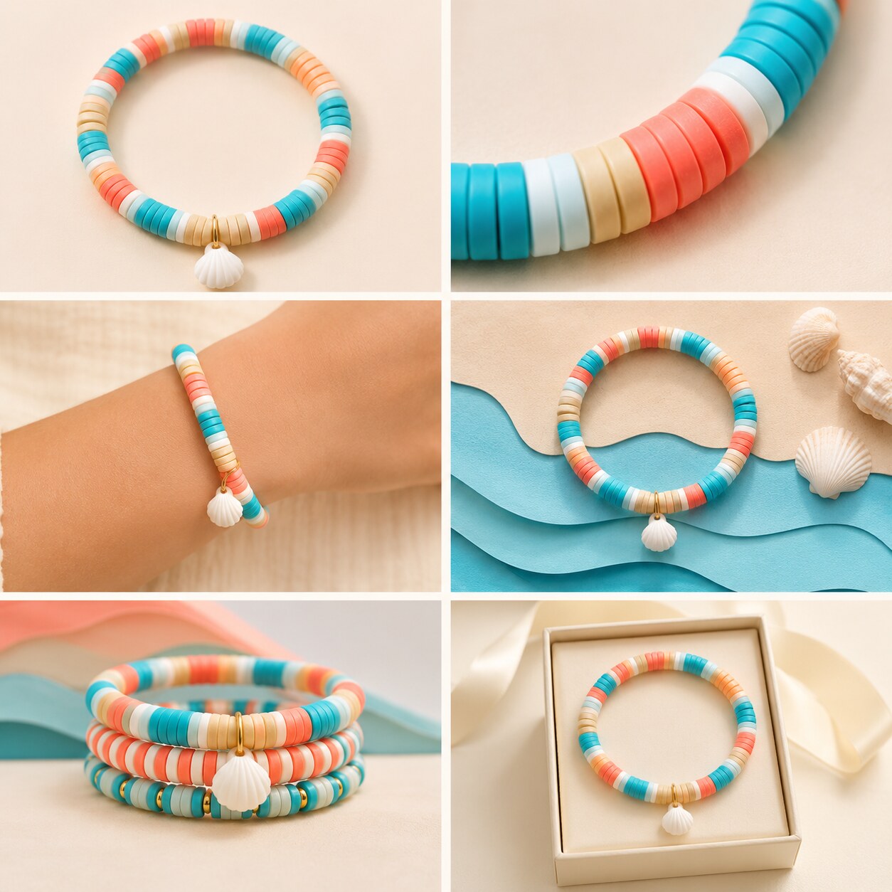 Beach Day Bliss bracelet shown in six colorful styled scenes