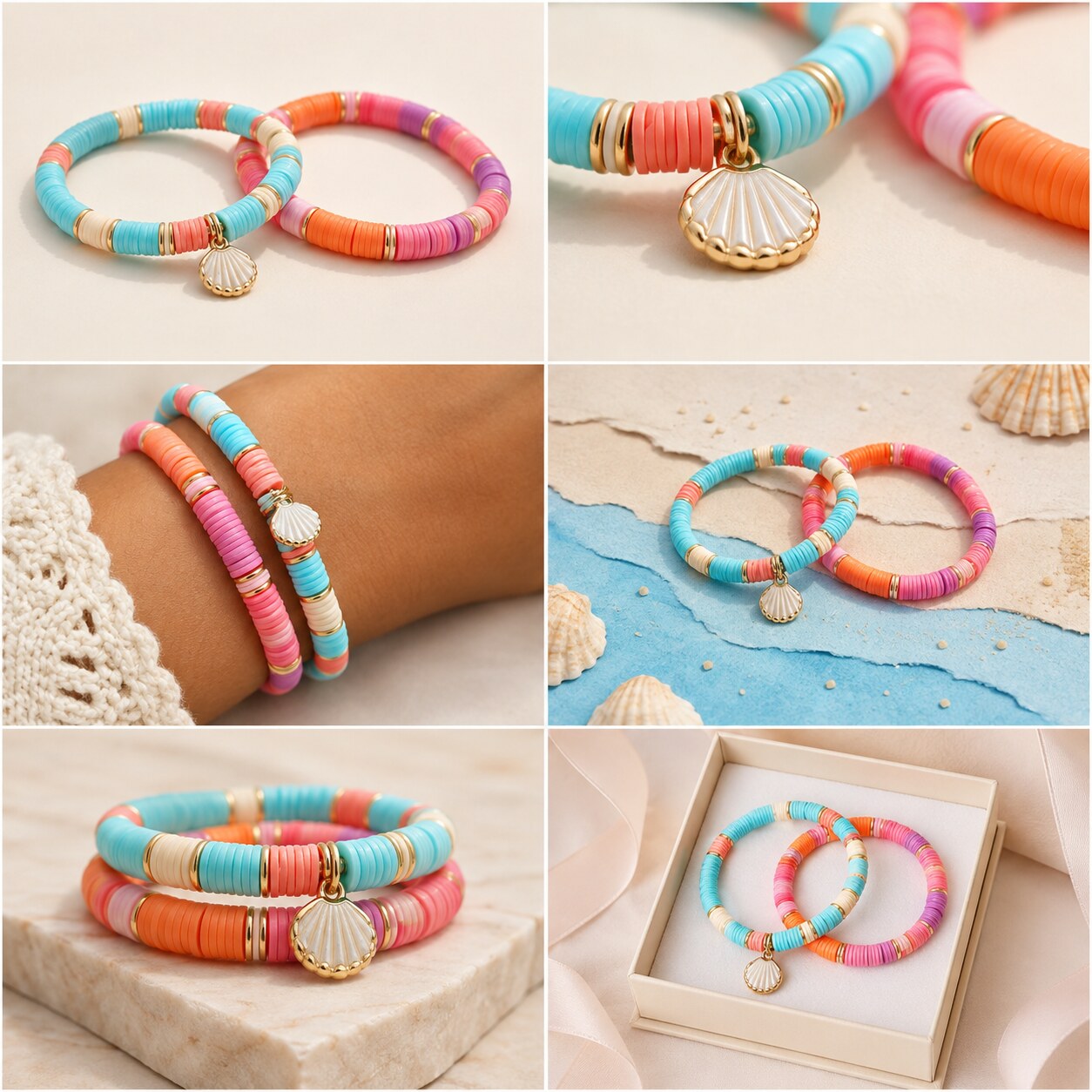 Beach Day Pair bracelet set shown in six colorful styled scenes