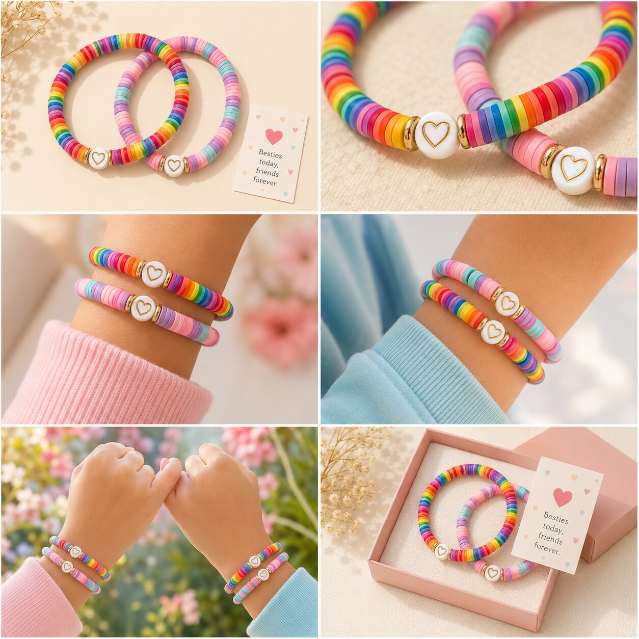 Bestie Duo bracelet set shown in six colorful styled scenes