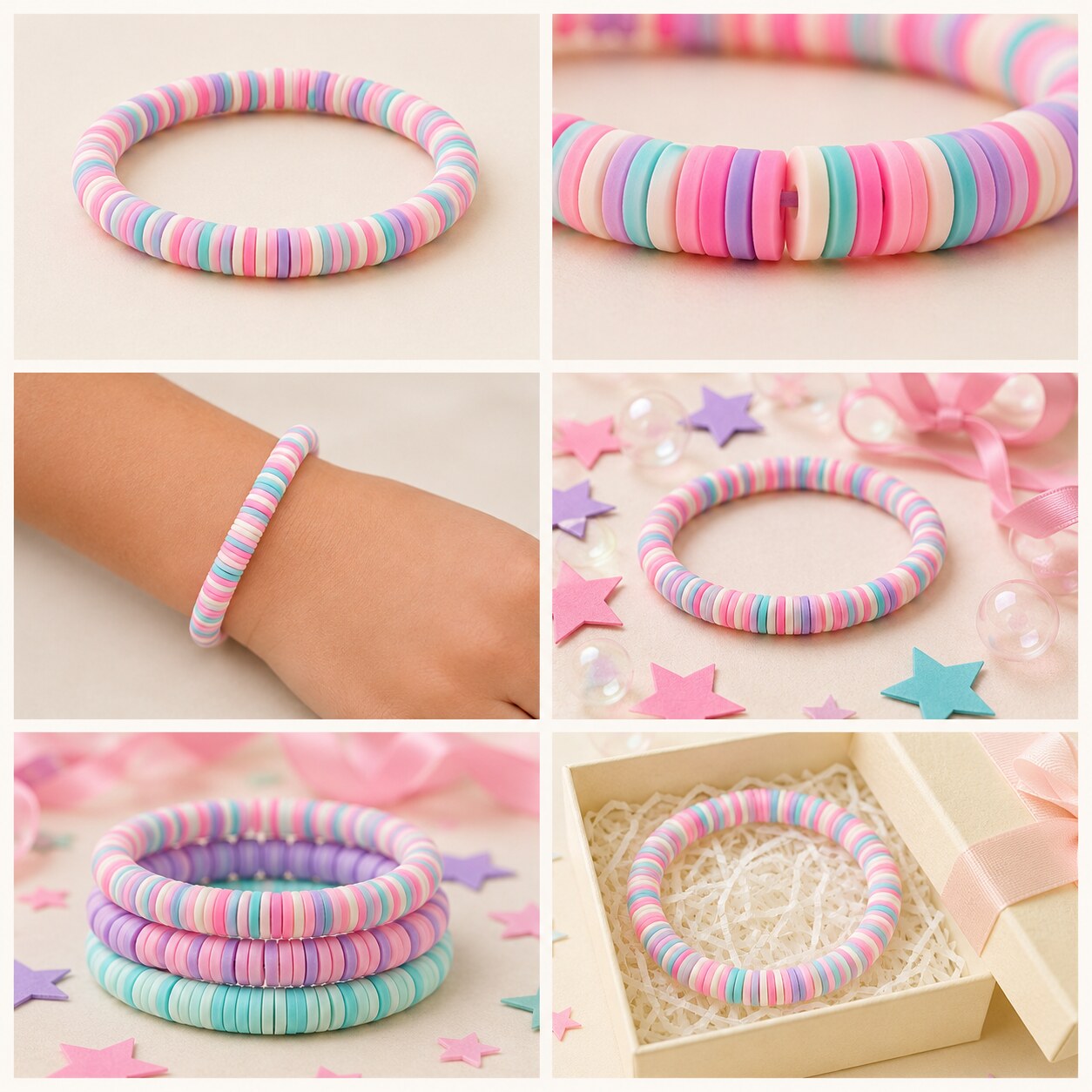 Bubblegum Bounce bracelet shown in six colorful styled scenes