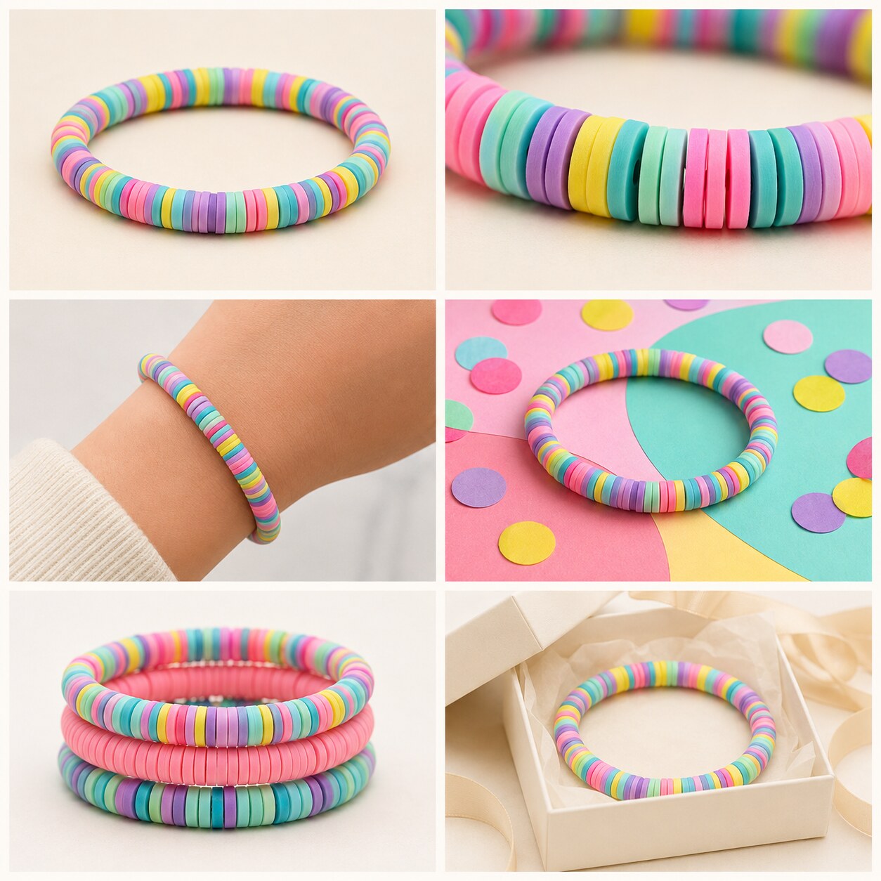 Color Pop Party bracelet shown in six colorful styled scenes