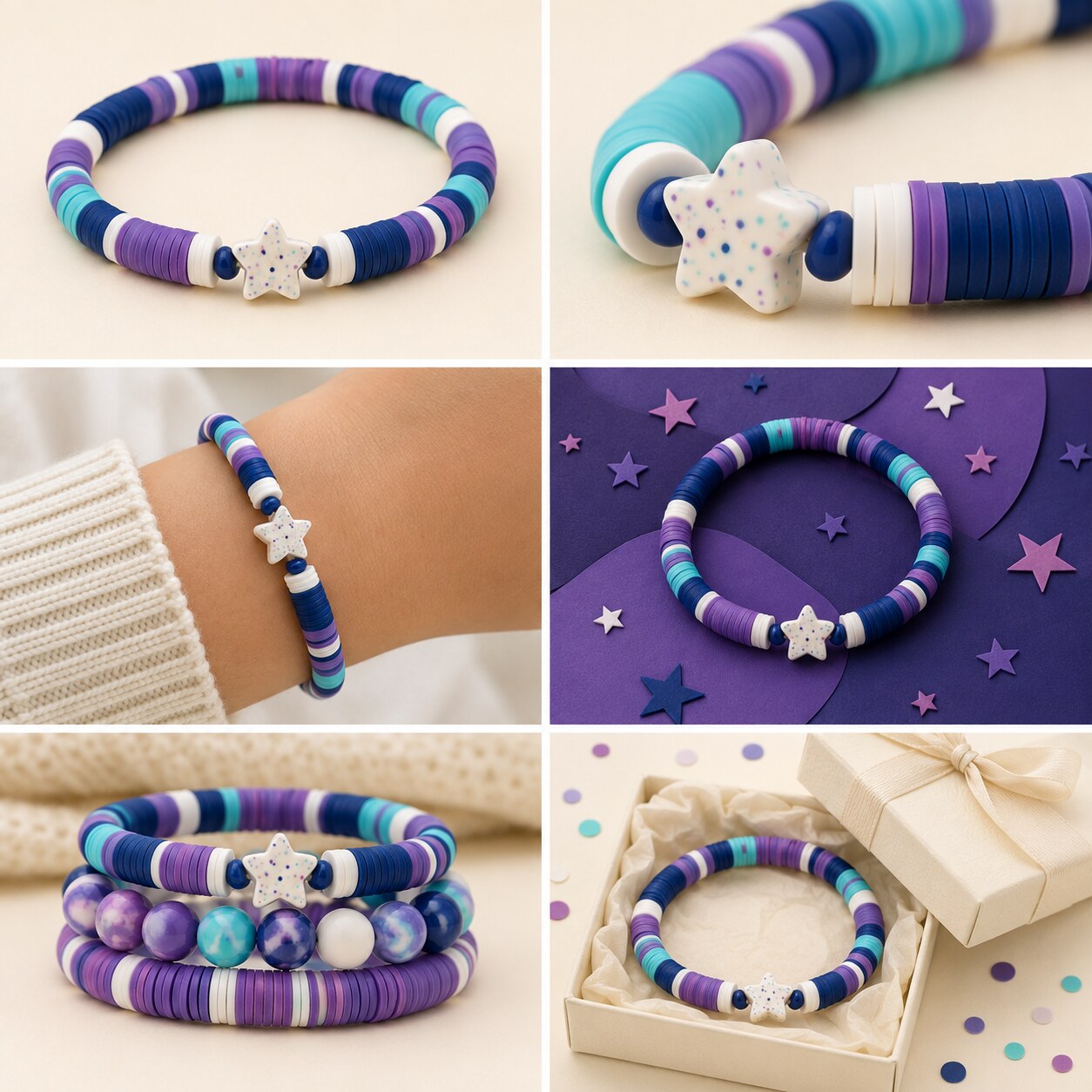 Cosmic Confetti bracelet shown in six colorful styled scenes