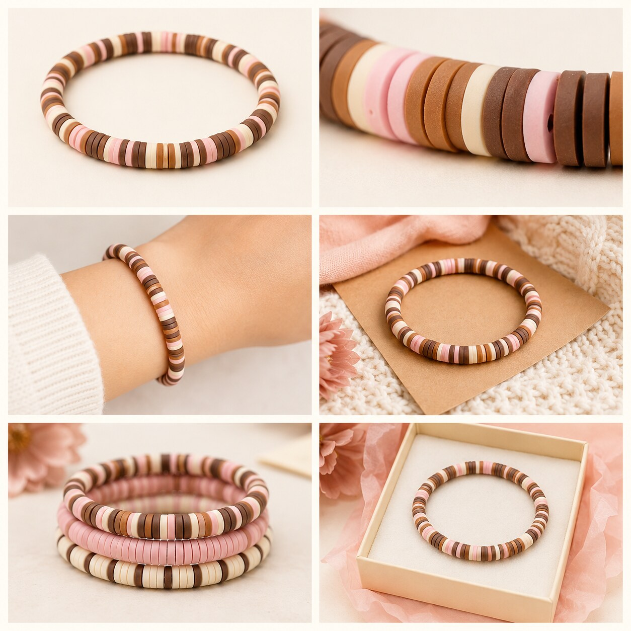 Cozy Cocoa Confetti bracelet shown in six colorful styled scenes