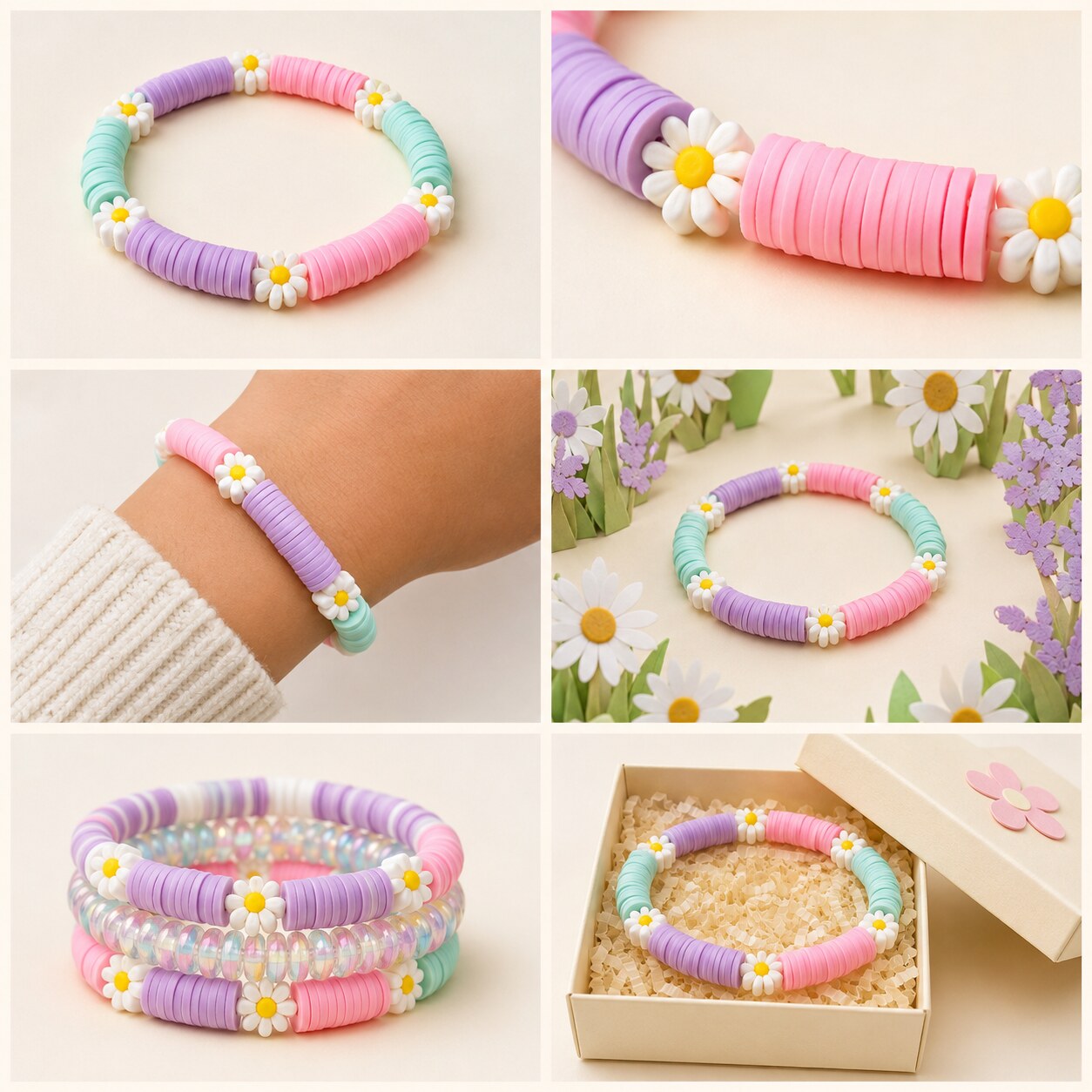 Daisy Daydream bracelet shown in six colorful styled scenes