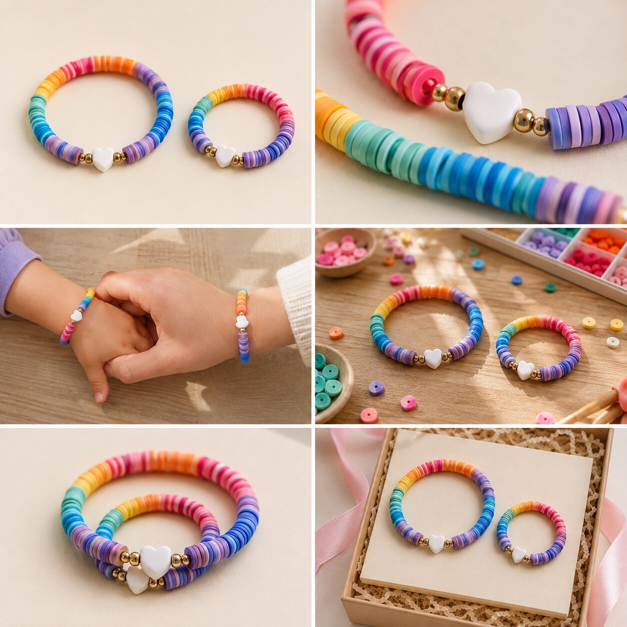 Parent + Me Duo bracelet set shown in six colorful styled scenes