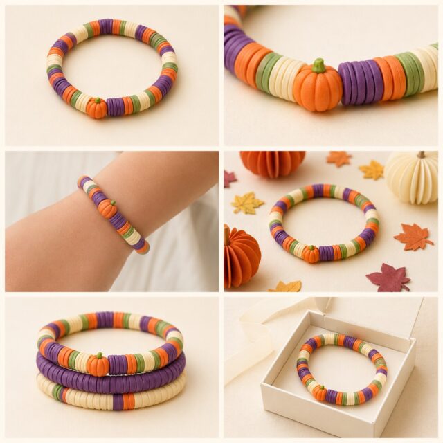Pumpkin Pop Parade bracelet shown in six colorful styled scenes