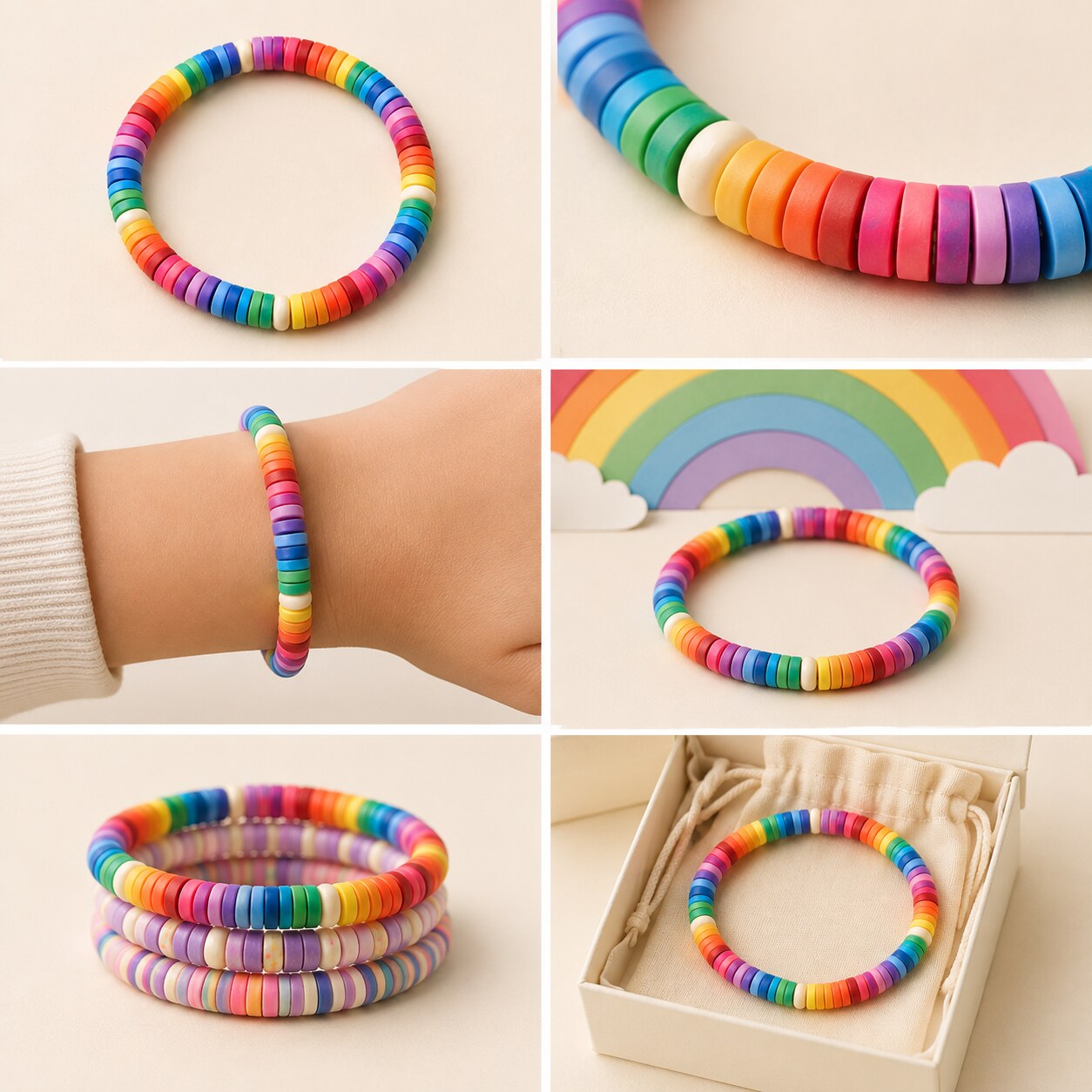 Rainbow Remix bracelet shown in six colorful styled scenes
