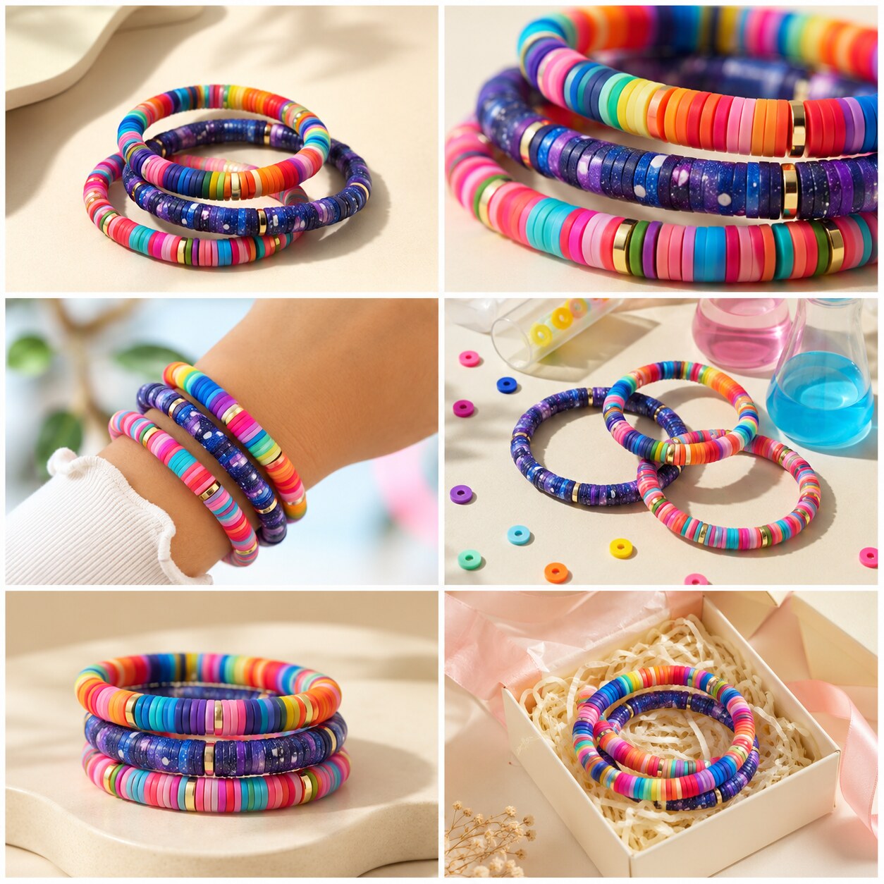 Stack Lab Trio bracelet set shown in six colorful styled scenes