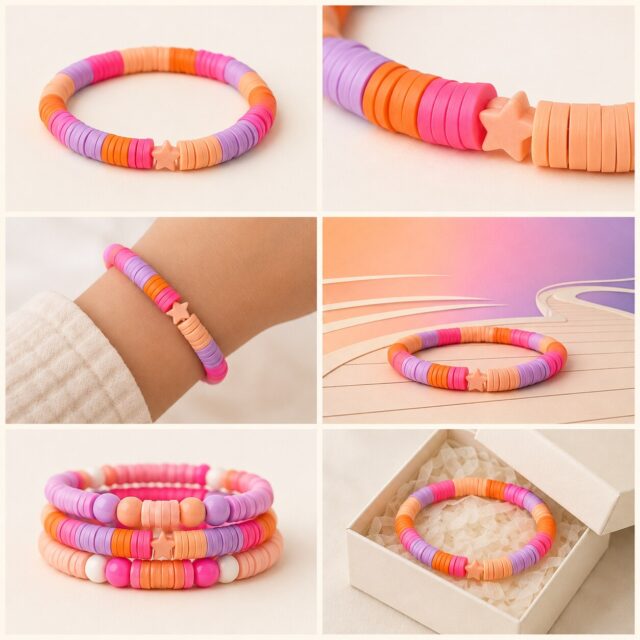 Sunset Boardwalk bracelet shown in six colorful styled scenes