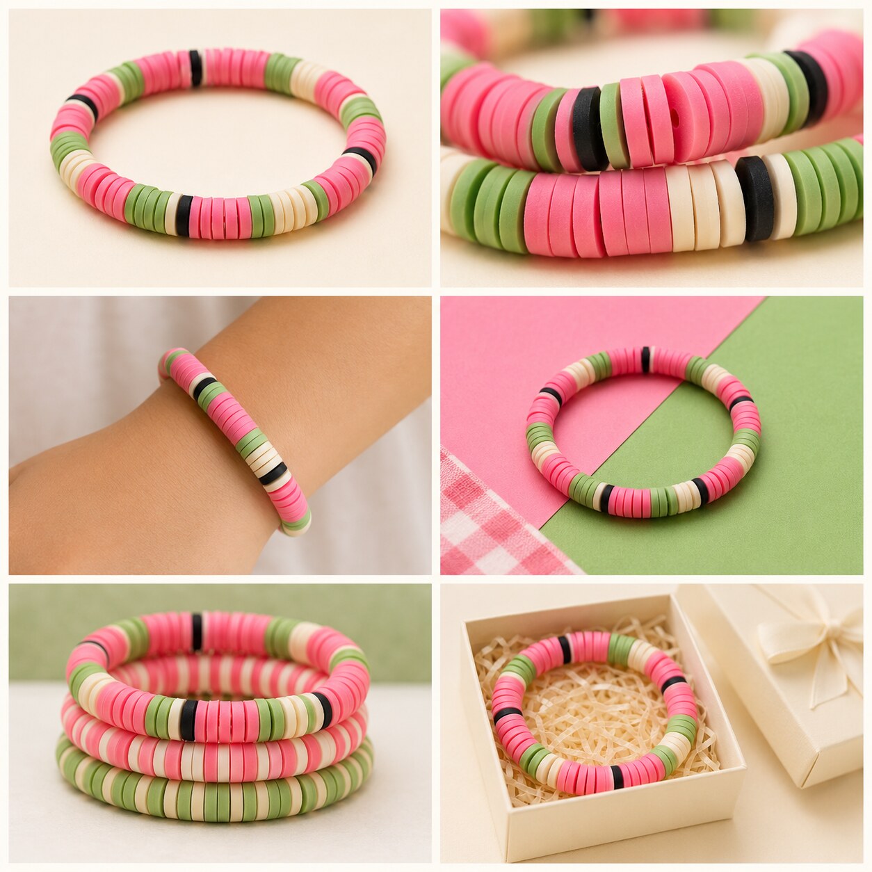 Watermelon Wave bracelet shown in six colorful styled scenes